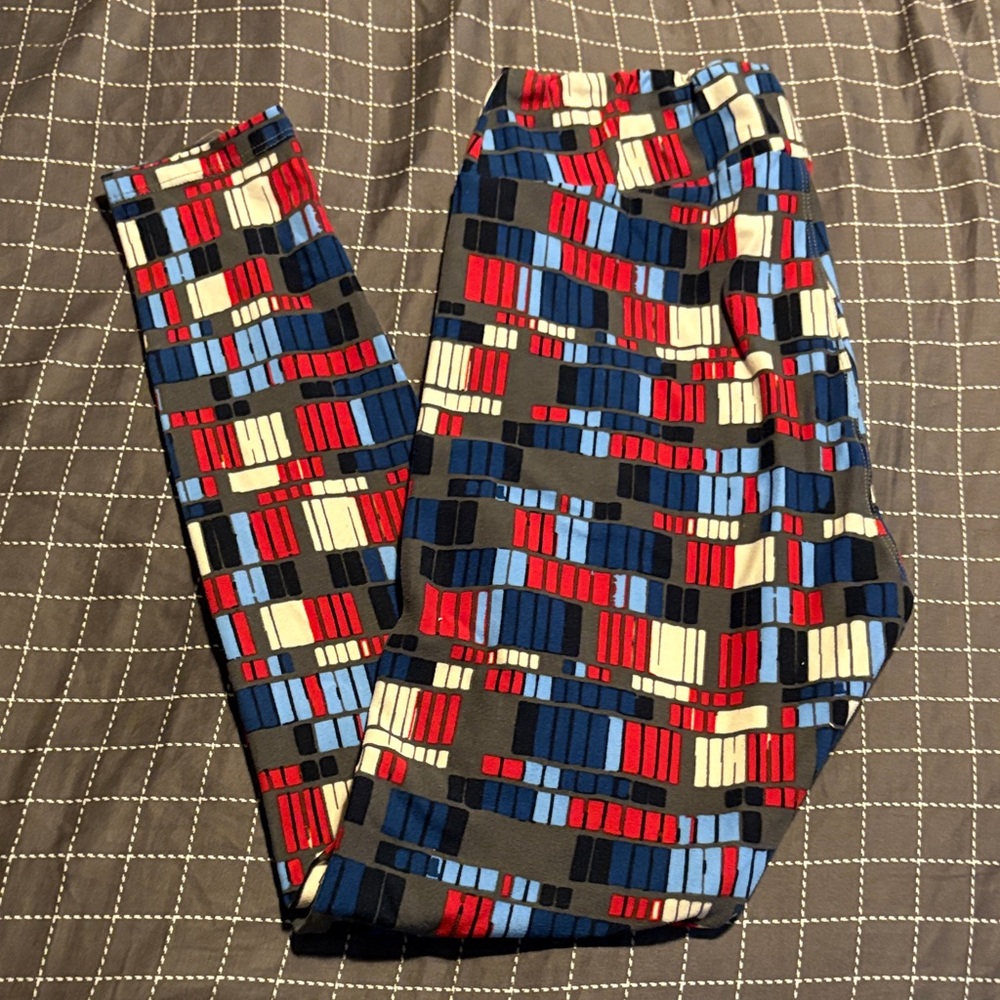 LulaRoe Geometric Block Print Leggings in Red, Blue, Black, and Cream